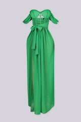 Corset bodice maxi dress with padded bustier and sweetheart neckline featuring cage cutouts and wide shoulder straps