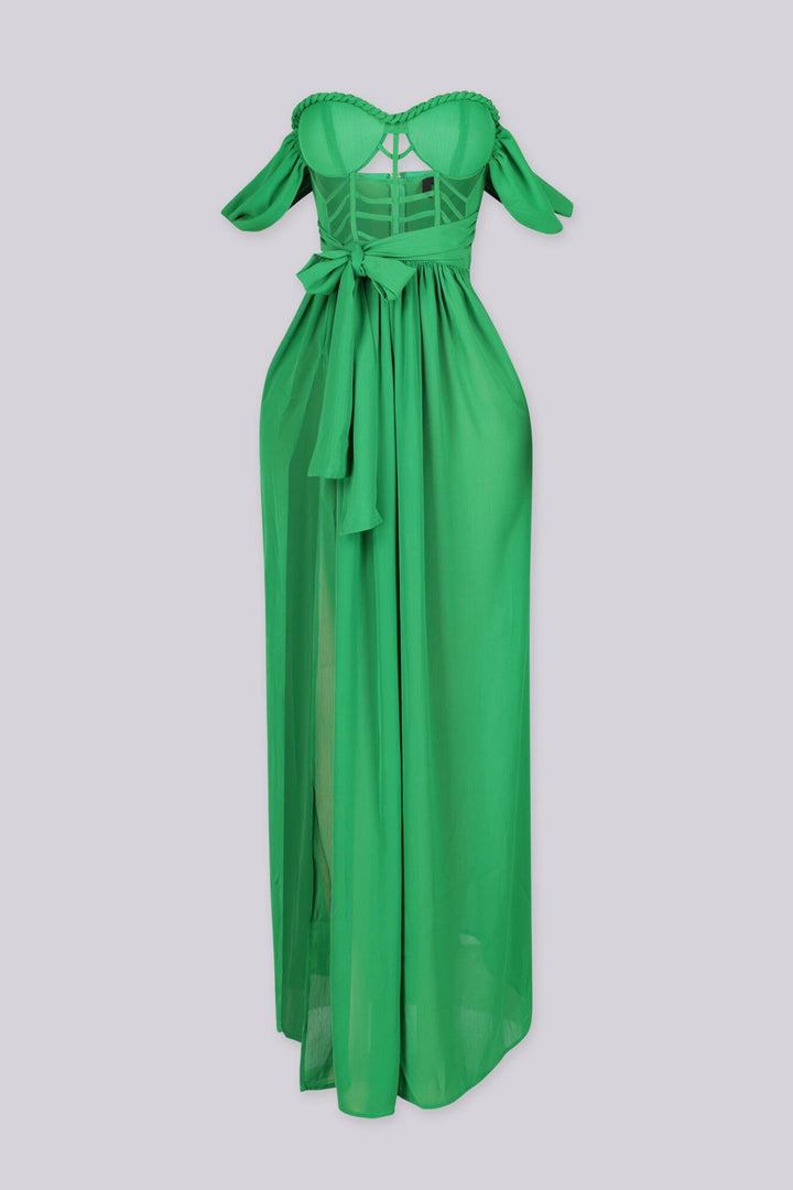 Corset bodice maxi dress with padded bustier and sweetheart neckline featuring cage cutouts and wide shoulder straps