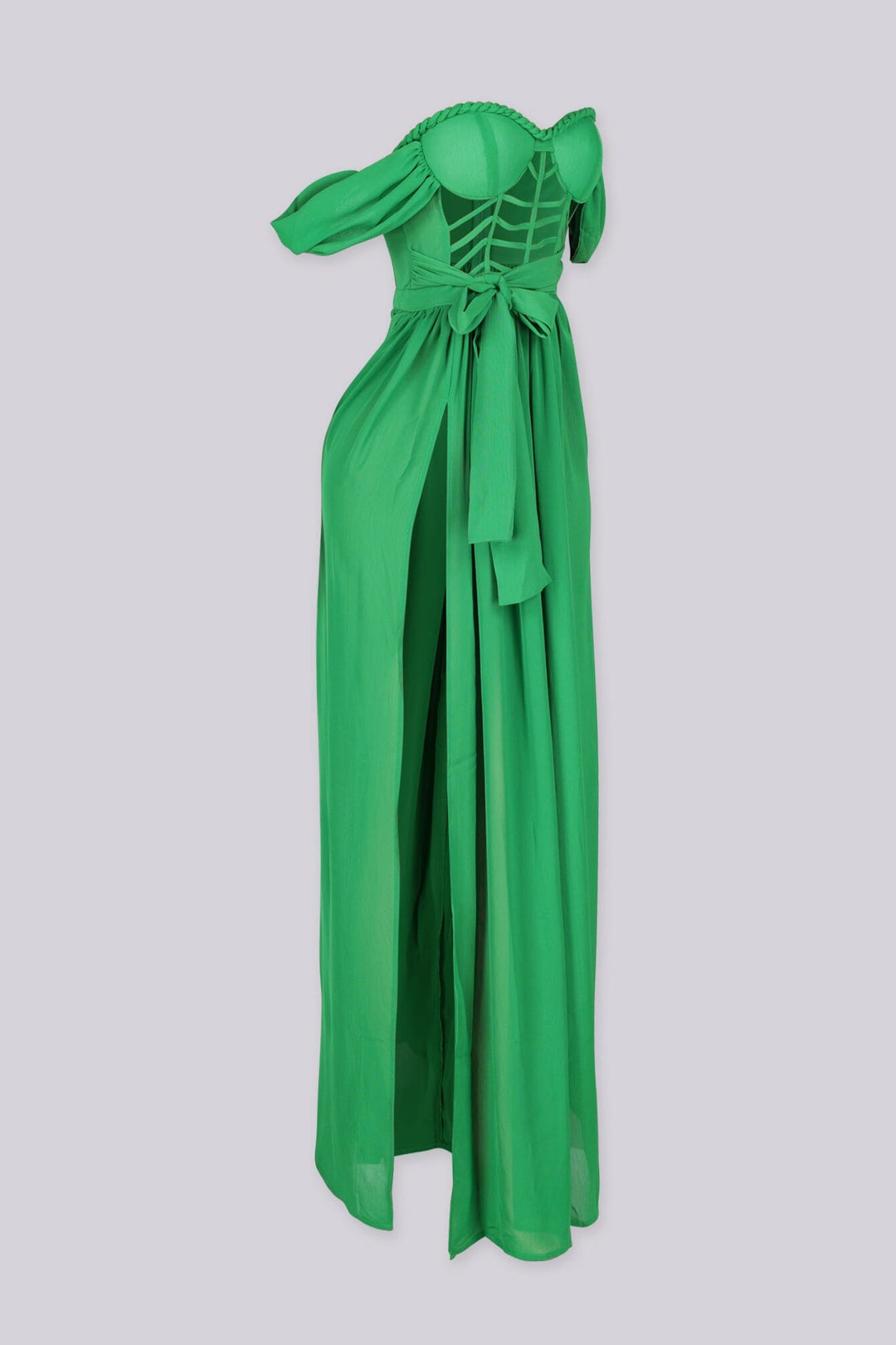 Corset bodice maxi dress with padded bustier and sweetheart neckline featuring cage cutouts and wide shoulder straps