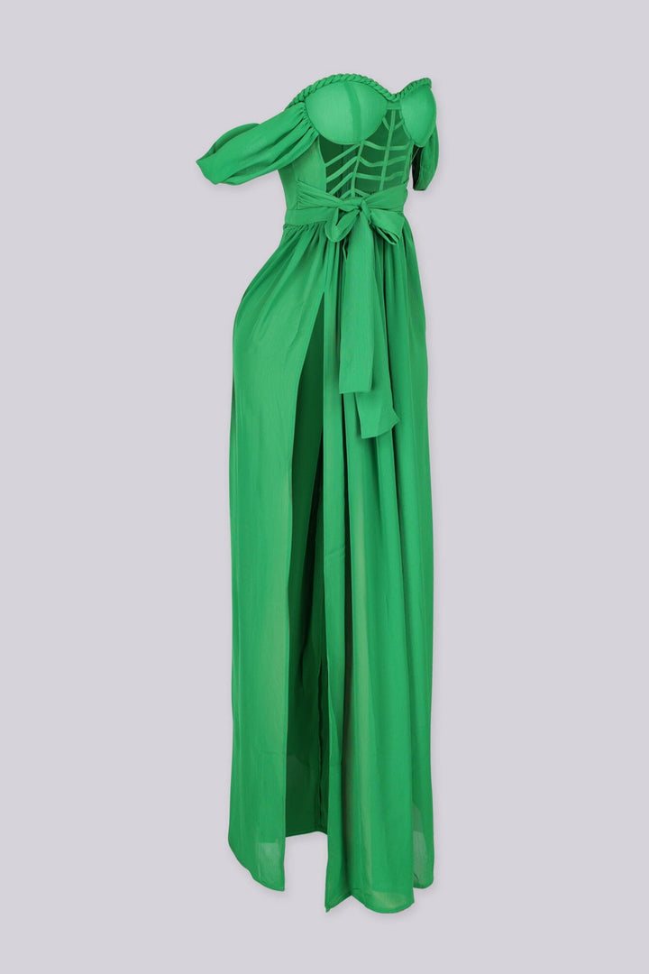 Corset bodice maxi dress with padded bustier and sweetheart neckline featuring cage cutouts and wide shoulder straps