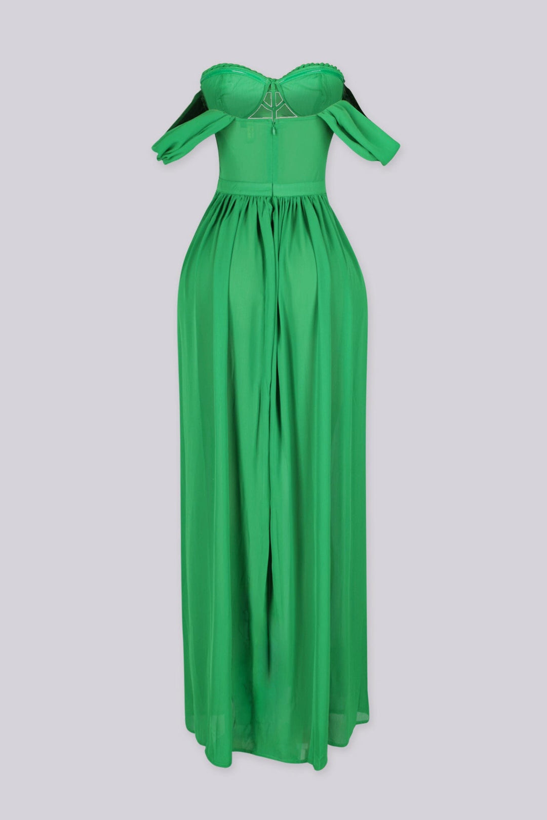 Corset bodice maxi dress with padded bustier and sweetheart neckline featuring cage cutouts and wide shoulder straps