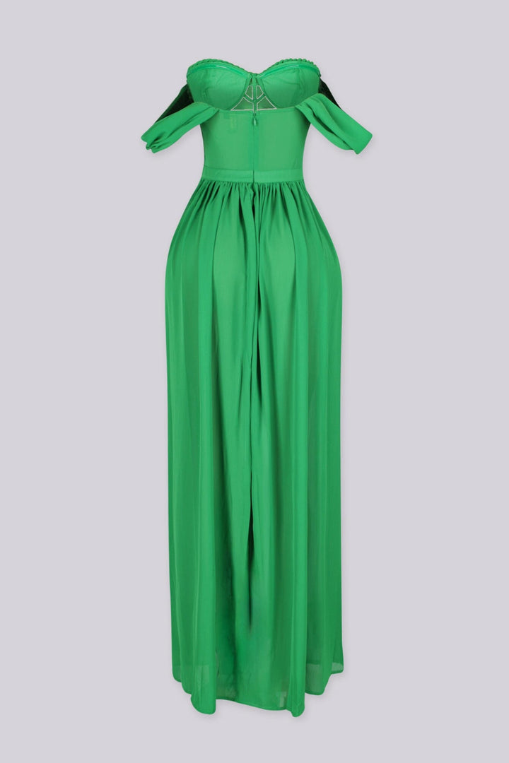 Corset bodice maxi dress with padded bustier and sweetheart neckline featuring cage cutouts and wide shoulder straps