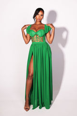 Corset bodice maxi dress with padded bustier and sweetheart neckline featuring cage cutouts and wide shoulder straps