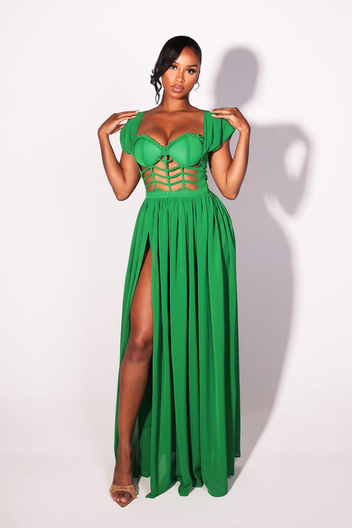 Corset bodice maxi dress with padded bustier and sweetheart neckline featuring cage cutouts and wide shoulder straps
