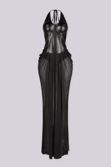 Faux leather deep plunging corset bodice maxi dress with halter neckline