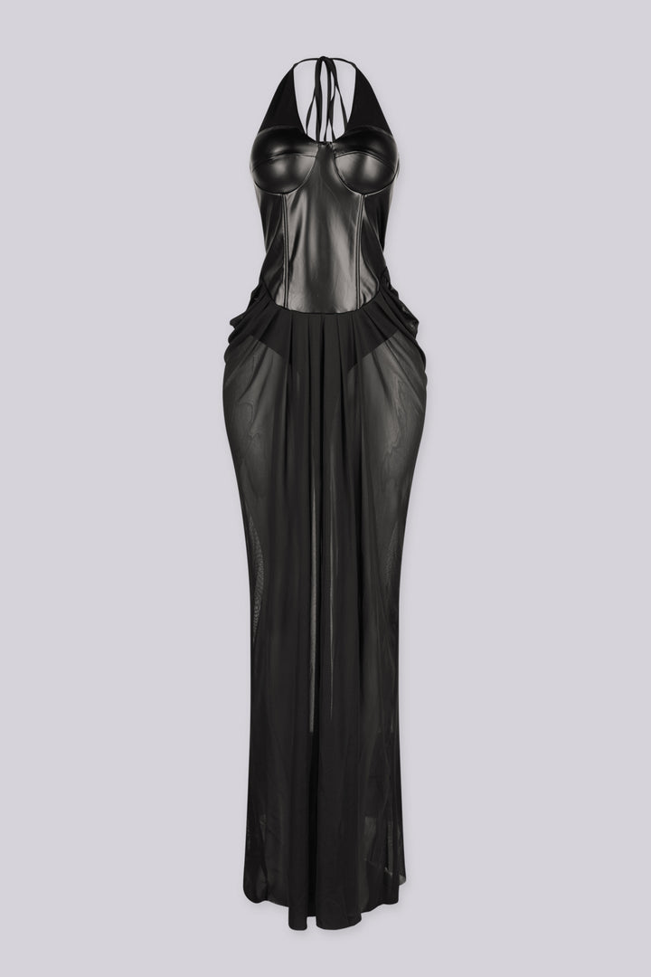 Faux leather deep plunging corset bodice maxi dress with halter neckline