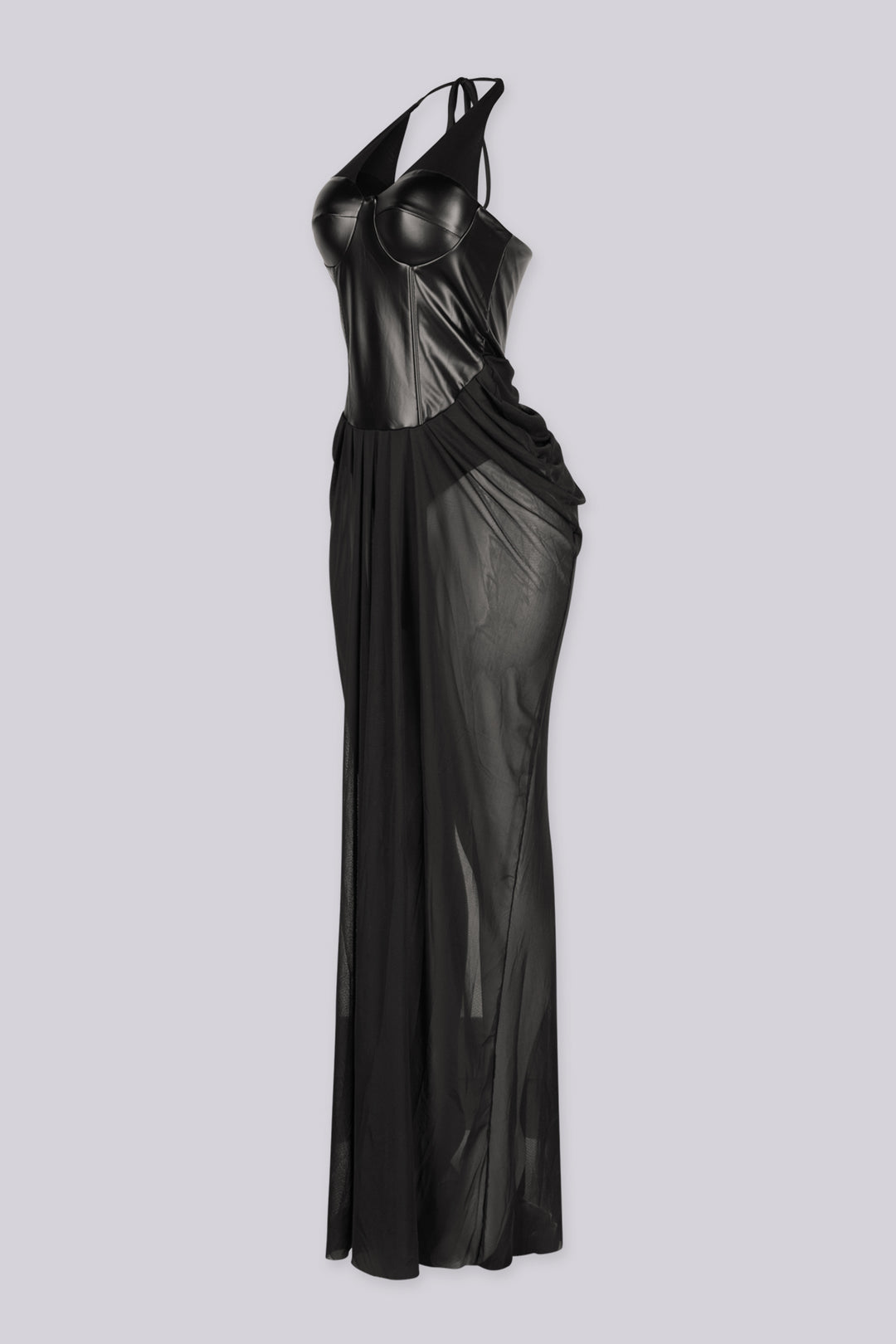 Faux leather deep plunging corset bodice maxi dress with halter neckline