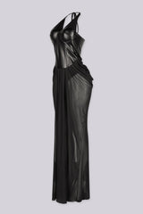 Faux leather deep plunging corset bodice maxi dress with halter neckline