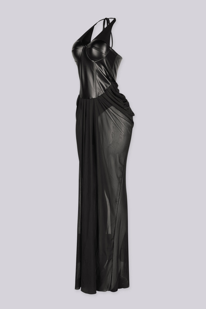 Faux leather deep plunging corset bodice maxi dress with halter neckline