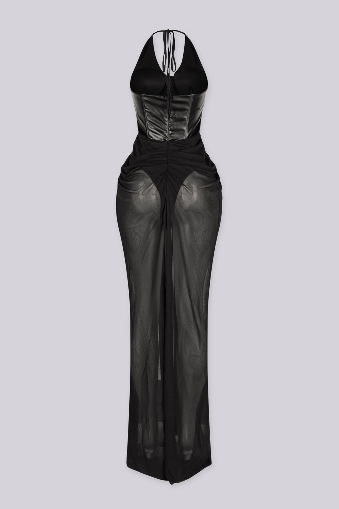Faux leather deep plunging corset bodice maxi dress with halter neckline