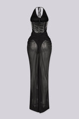 Faux leather deep plunging corset bodice maxi dress with halter neckline