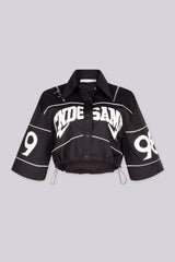 Collared crop jacket with "END GAME" graphic lettering on chest and "1998" numbering on the sleeves, black front view