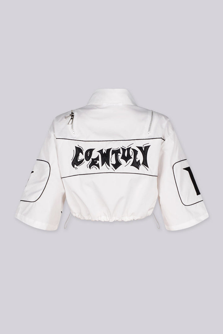 Collared crop jacket with "END GAME" graphic lettering on chest and "1998" numbering on the sleeves, white back view