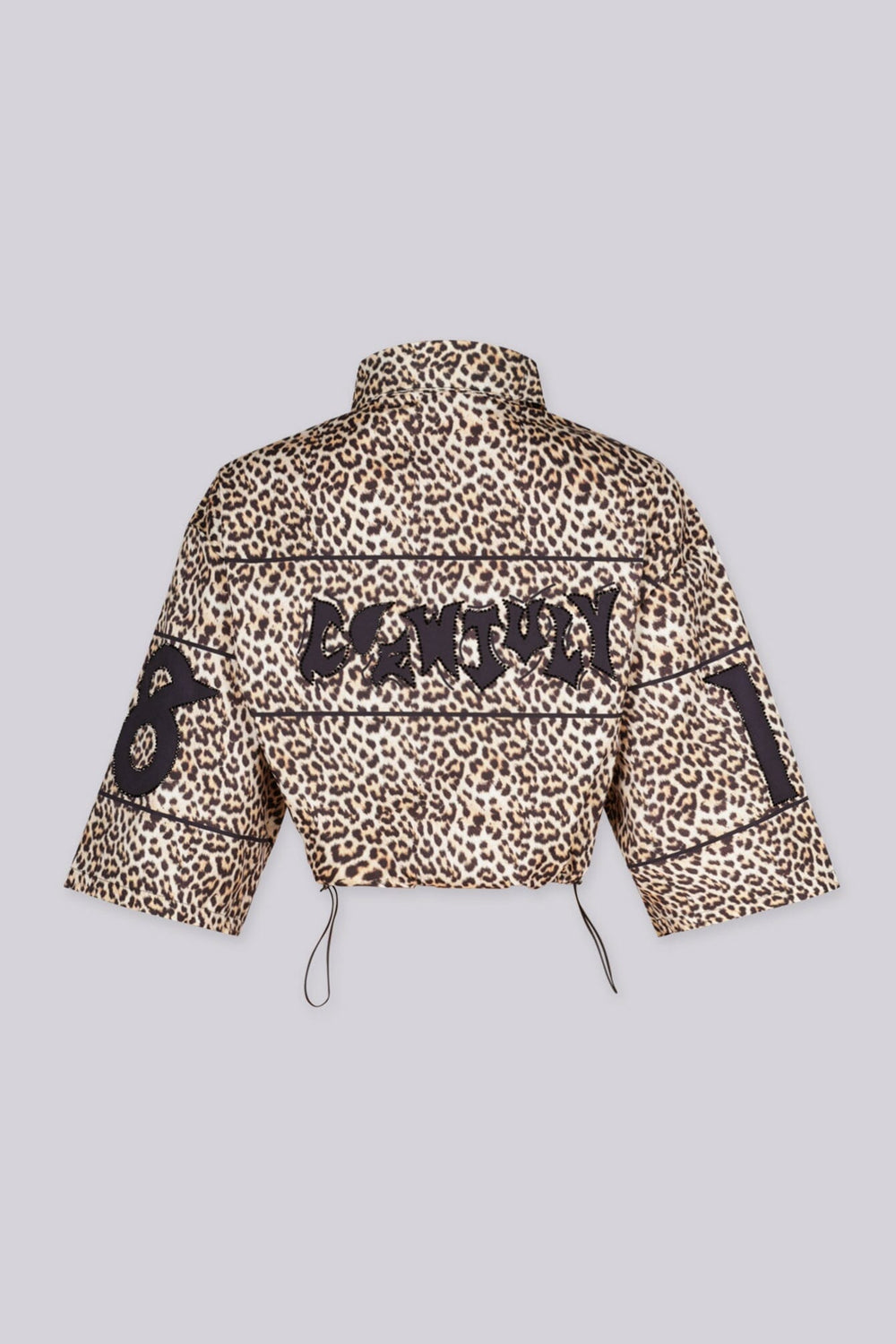 EDGEBYKS - Leopard print collared crop jacket with "END GAME" graphic lettering on chest. back view.