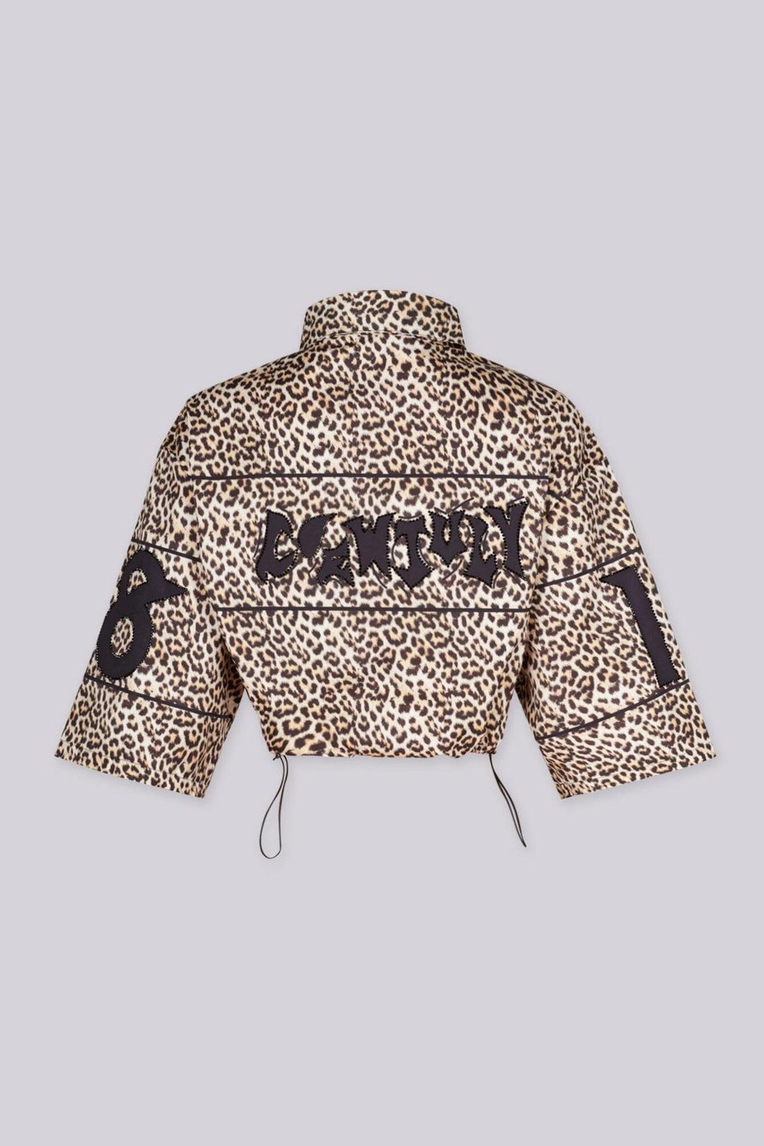 EDGEBYKS - Leopard print collared crop jacket with "END GAME" graphic lettering on chest. back view.