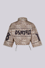 EDGEBYKS - Leopard print collared crop jacket with "END GAME" graphic lettering on chest. back view.