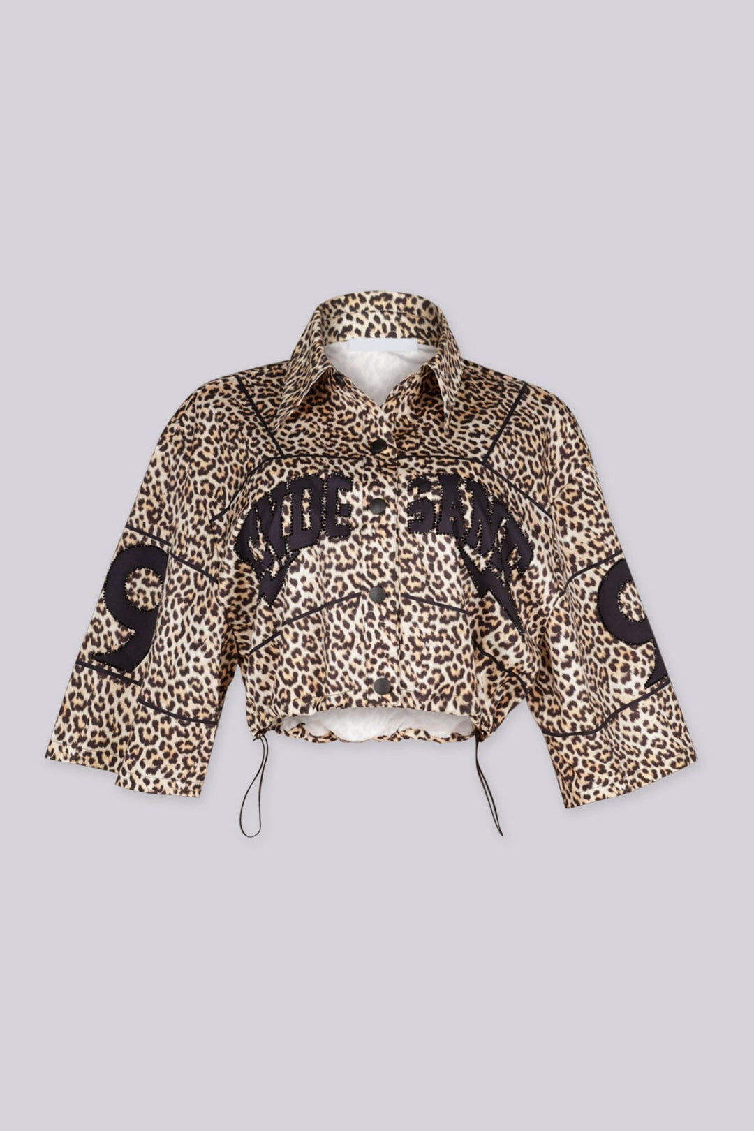 EDGEBYKS - Leopard print collared crop jacket with "END GAME" graphic lettering on chest. front view.