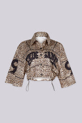 EDGEBYKS - Leopard print collared crop jacket with "END GAME" graphic lettering on chest. front view.