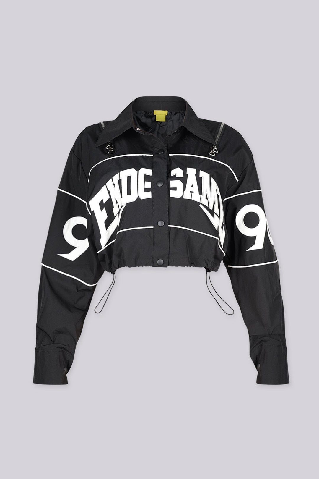 Long sleeve collared crop jacket with "END GAME" graphic lettering on chest and "1998" numbering on the sleeves