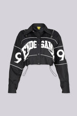 Long sleeve collared crop jacket with "END GAME" graphic lettering on chest and "1998" numbering on the sleeves