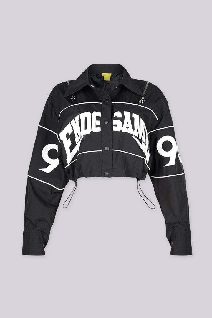 Long sleeve collared crop jacket with "END GAME" graphic lettering on chest and "1998" numbering on the sleeves