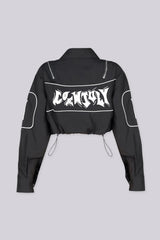 Long sleeve collared crop jacket with "END GAME" graphic lettering on chest and "1998" numbering on the sleeves
