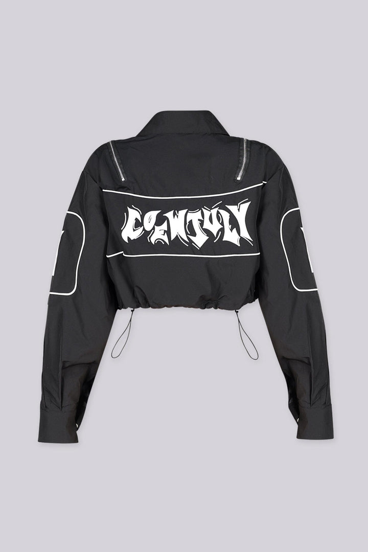 Long sleeve collared crop jacket with "END GAME" graphic lettering on chest and "1998" numbering on the sleeves