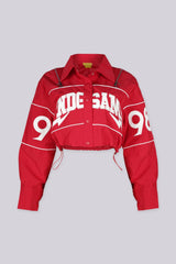Long sleeve collared crop jacket with "END GAME" graphic lettering on chest and "1998" numbering on the sleeves