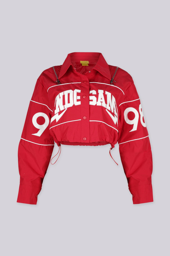 Long sleeve collared crop jacket with "END GAME" graphic lettering on chest and "1998" numbering on the sleeves