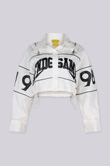 Long sleeve collared crop jacket with "END GAME" graphic lettering on chest and "1998" numbering on the sleeves