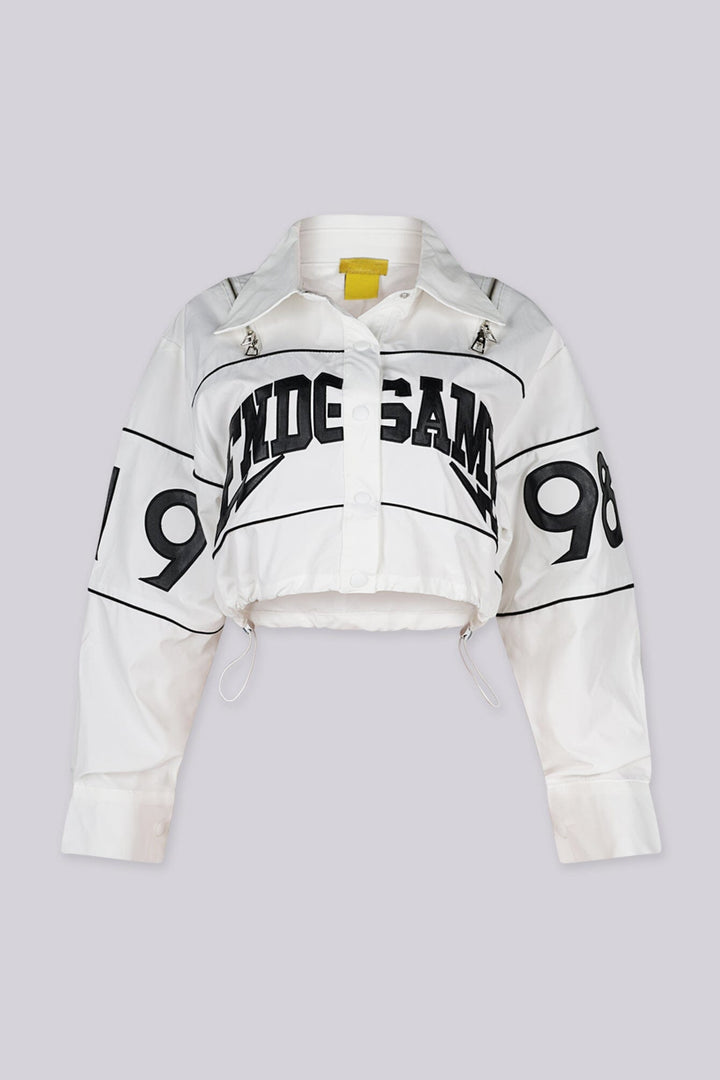 Long sleeve collared crop jacket with "END GAME" graphic lettering on chest and "1998" numbering on the sleeves
