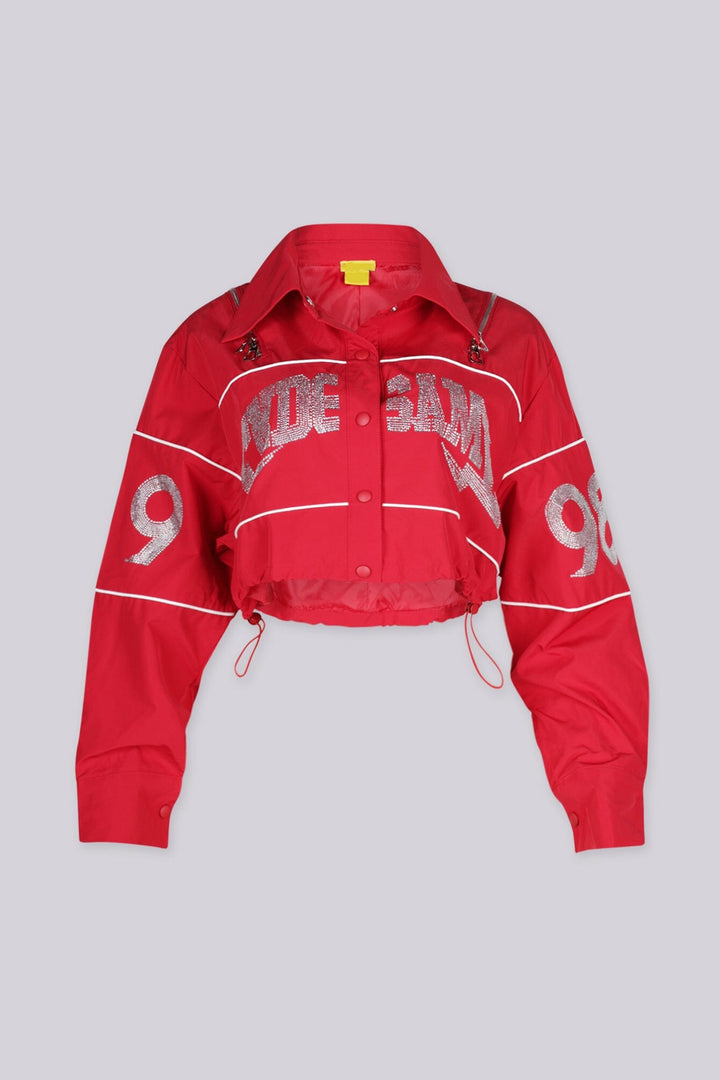 Long sleeve collared crop jacket with "END GAME" rhinestone graphic lettering on chest and "1998" numbering on the sleeves
