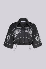 EDGEBYKS - Collared crop jacket with "END GAME" rhinestone graphic lettering on chest. front view.