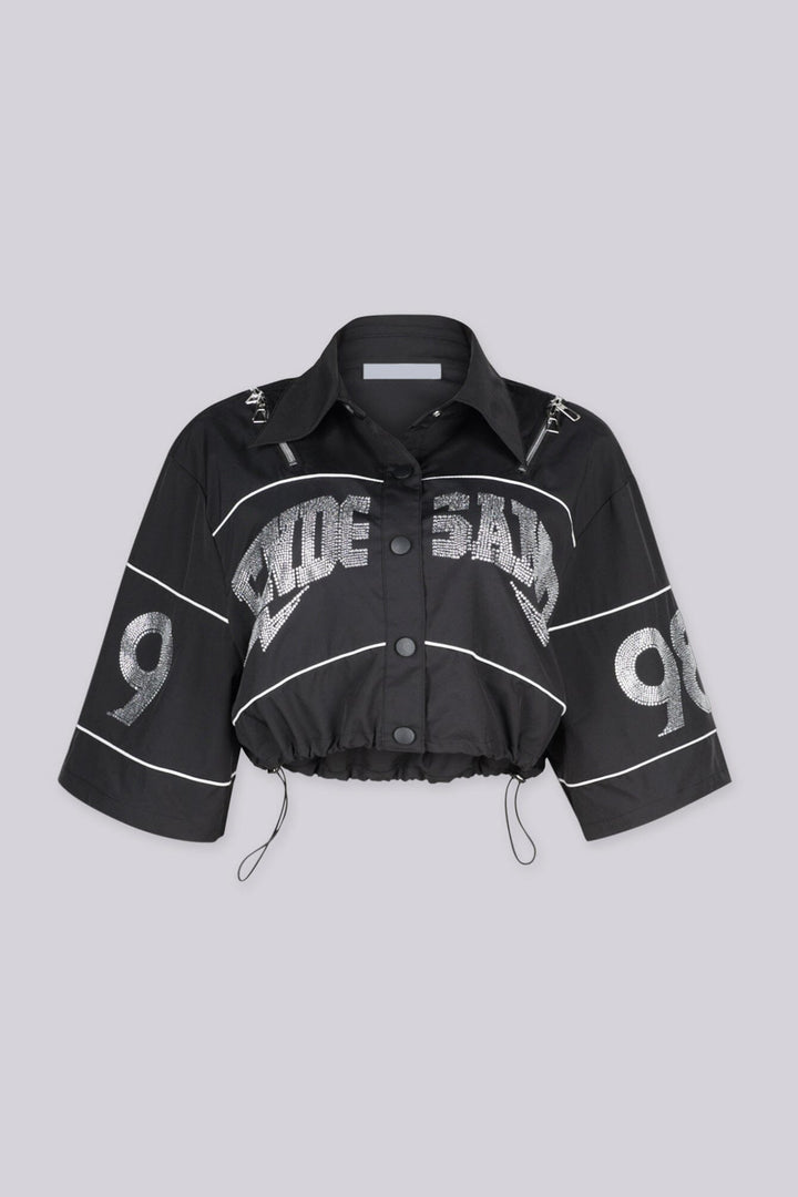 EDGEBYKS - Collared crop jacket with "END GAME" rhinestone graphic lettering on chest. front view.