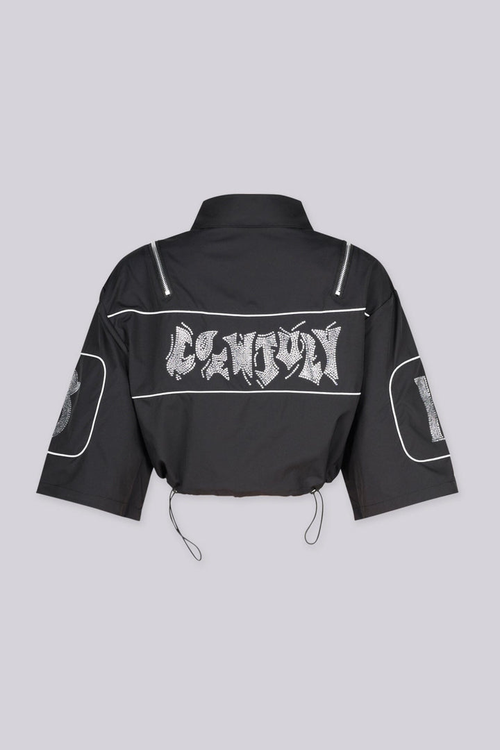 EDGEBYKS - Collared crop jacket with "END GAME" rhinestone graphic lettering on chest. back view.