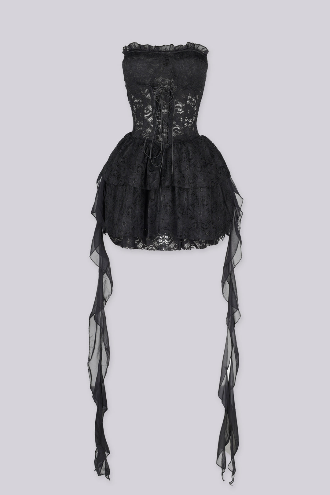 Sweetheart neckline corset bodice tube dress in eyelet lace with boned structure shapes featuring lace up front detail
