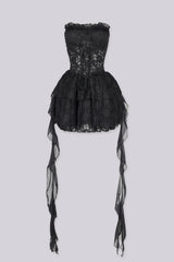 Sweetheart neckline corset bodice tube dress in eyelet lace with boned structure shapes featuring lace up front detail
