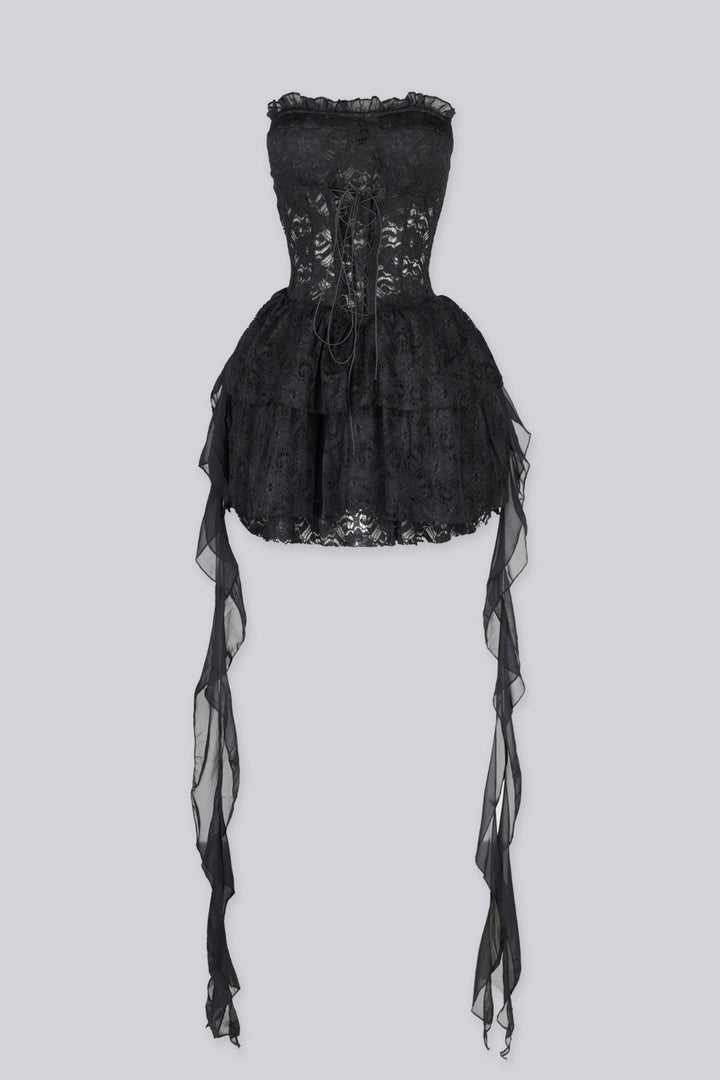 Sweetheart neckline corset bodice tube dress in eyelet lace with boned structure shapes featuring lace up front detail