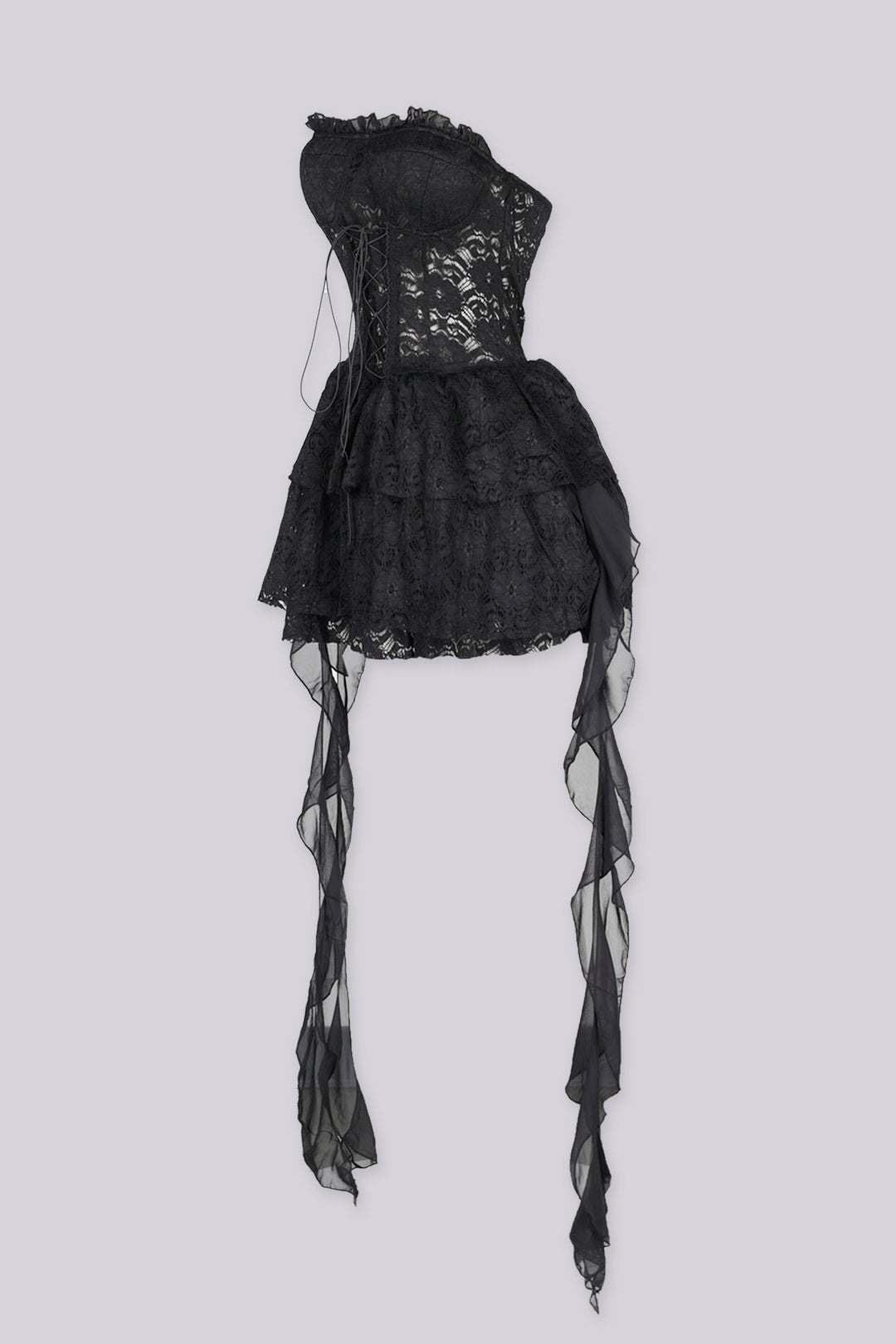 Sweetheart neckline corset bodice tube dress in eyelet lace with boned structure shapes featuring lace up front detail