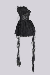 Sweetheart neckline corset bodice tube dress in eyelet lace with boned structure shapes featuring lace up front detail
