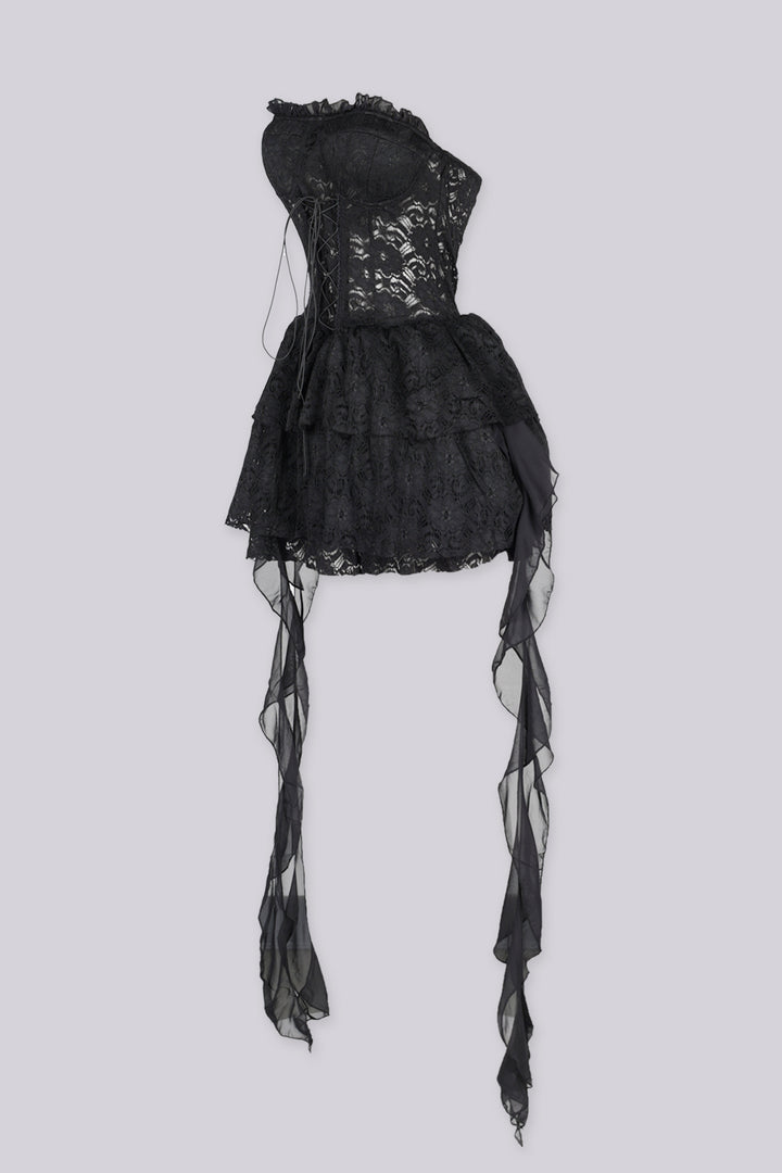 Sweetheart neckline corset bodice tube dress in eyelet lace with boned structure shapes featuring lace up front detail