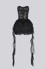 Sweetheart neckline corset bodice tube dress in eyelet lace with boned structure shapes featuring lace up front detail
