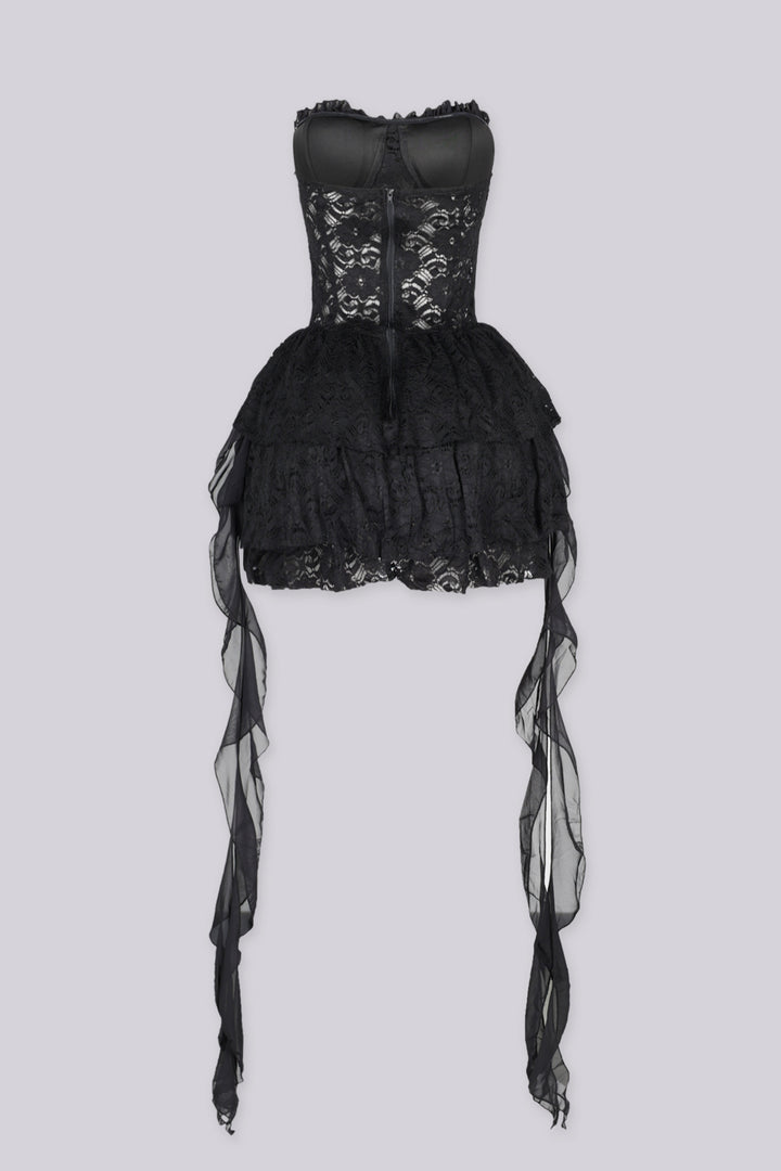 Sweetheart neckline corset bodice tube dress in eyelet lace with boned structure shapes featuring lace up front detail