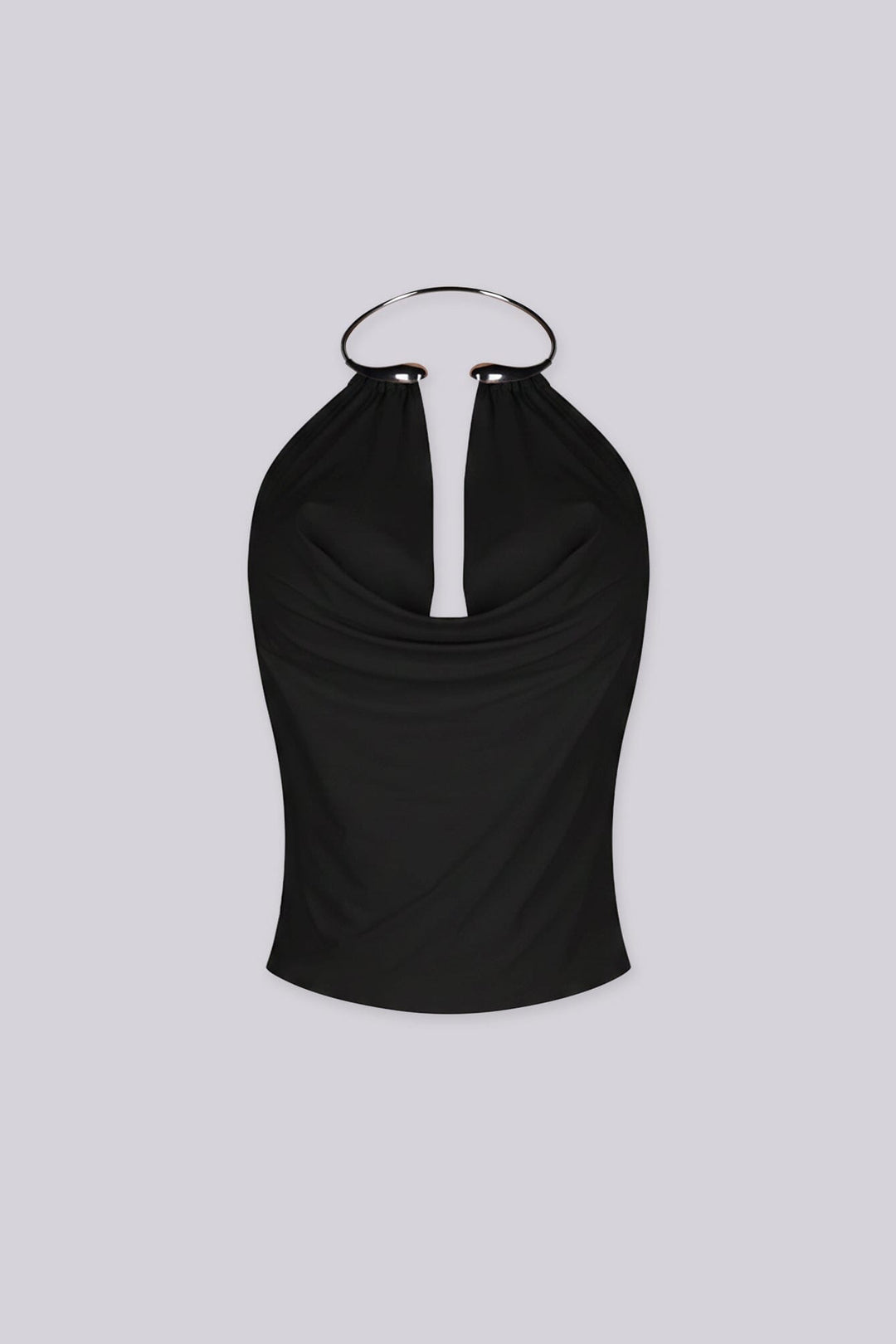 Halter neck top featuring polished metal ring hardware
Soft draped front and fully open back design