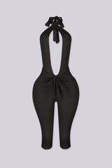Deep plunge halter capri jumpsuit with draped front with adjustable tie neck closure