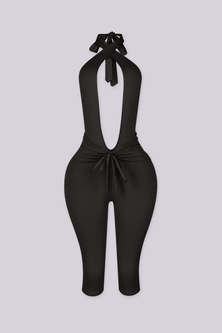 Deep plunge halter capri jumpsuit with draped front with adjustable tie neck closure