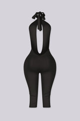 Deep plunge halter capri jumpsuit with draped front with adjustable tie neck closure