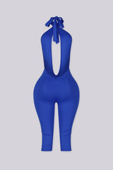 Deep plunge halter capri jumpsuit with draped front with adjustable tie neck closure