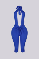 Deep plunge halter capri jumpsuit with draped front with adjustable tie neck closure