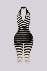 Ribbed knit sleeveless halter capri jumpsuit with deep plunging V neckline in ombre stripe print